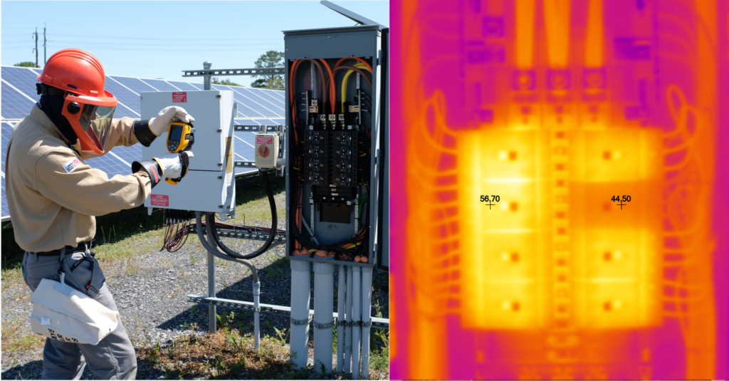 a technician using an infrared camera on a solar site